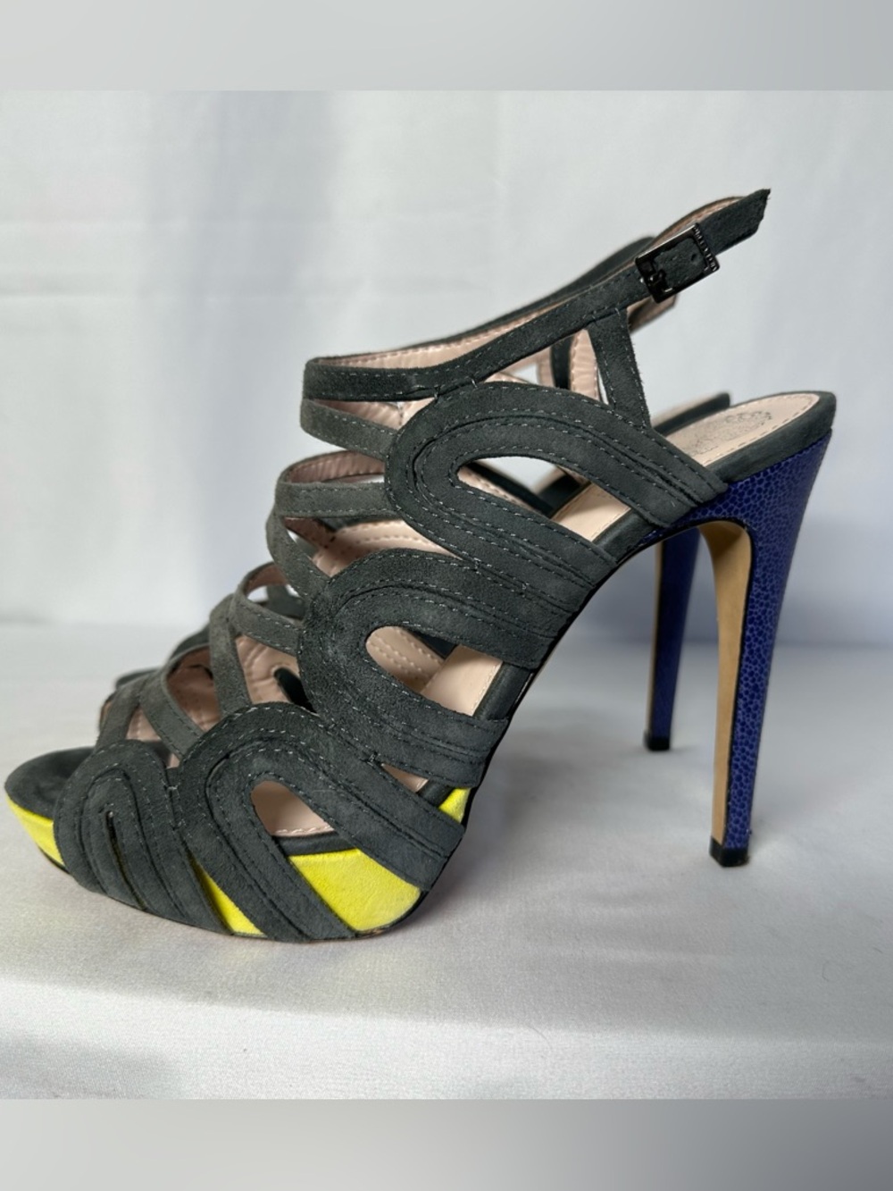 Vince Camuto Grey Suede Cutout Heels with Blue Stiletto and Yellow Accent